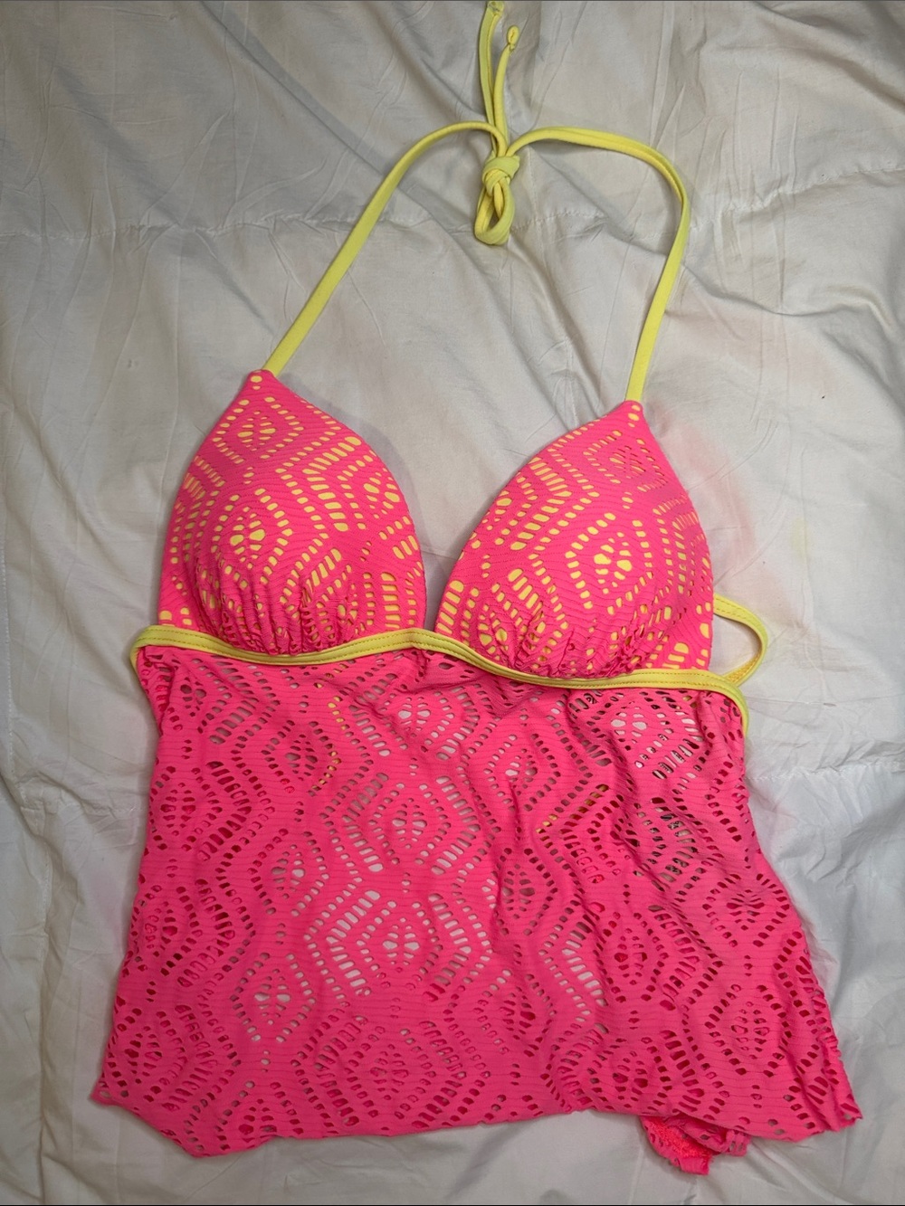 Arizona Jean Company Neon Pink Lace Halter Tankini with Yellow Trim